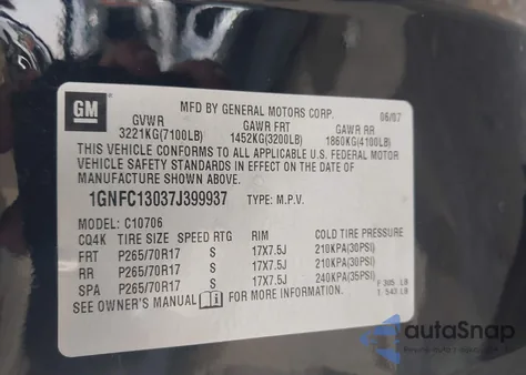 2007 Chevrolet Tahoe Lt z USA, uszkodzony, nr VIN 1GNFC13037J399937